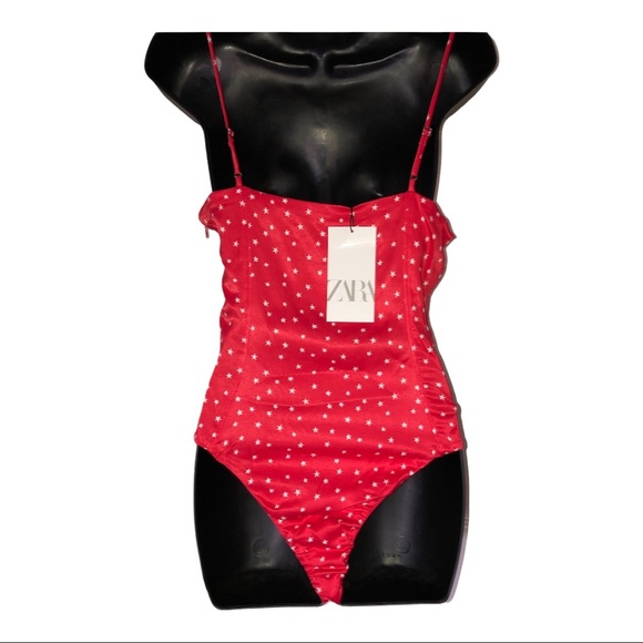 Zara red retro satin silk look stars lace-up spaghetti strap bodysuit size Large - Picture 5 of 14